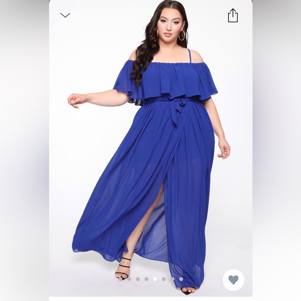 Off the shoulder royal blue maxi dress with slit